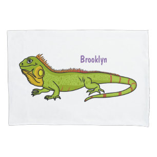 Happy green iguana cartoon illustration pillowcase
