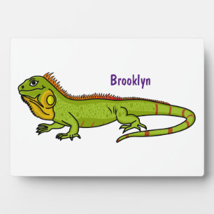 Happy green iguana cartoon illustration plaque