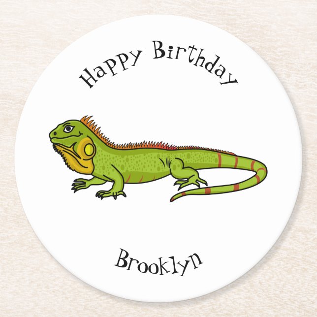 Happy green iguana cartoon illustration round paper coaster (Front)