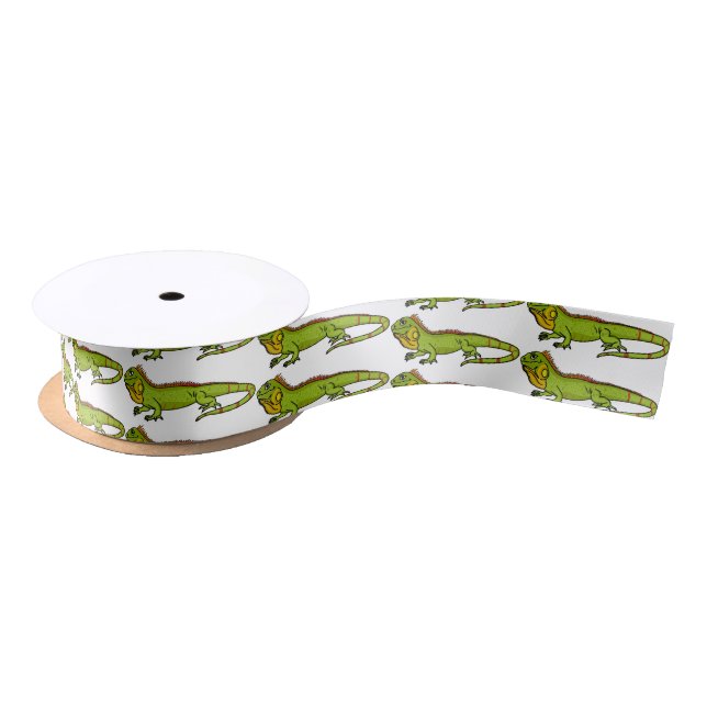 Happy green iguana cartoon illustration satin ribbon (Spool)