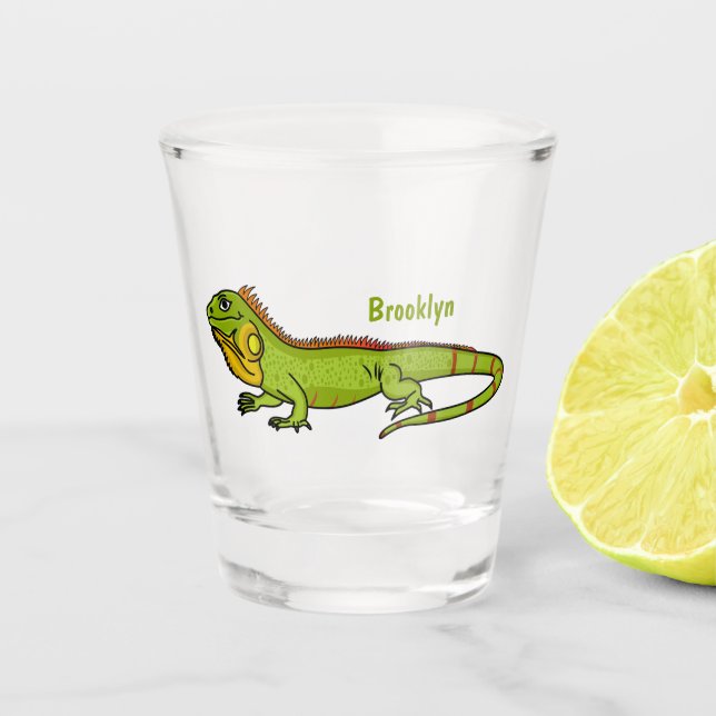 Happy green iguana cartoon illustration shot glass (Front)