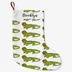 Happy green iguana cartoon illustration small christmas stocking