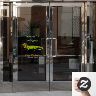 Happy green iguana cartoon illustration window cling
