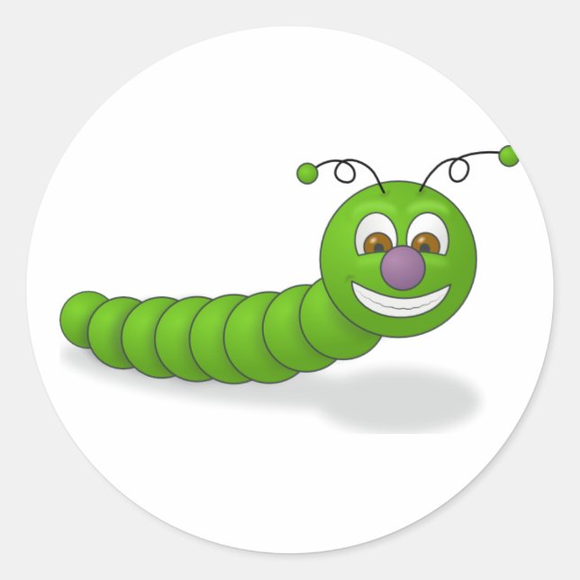 Happy Green Smiling Cartoon Worm with Brown Eyes Classic Round Sticker (Front)