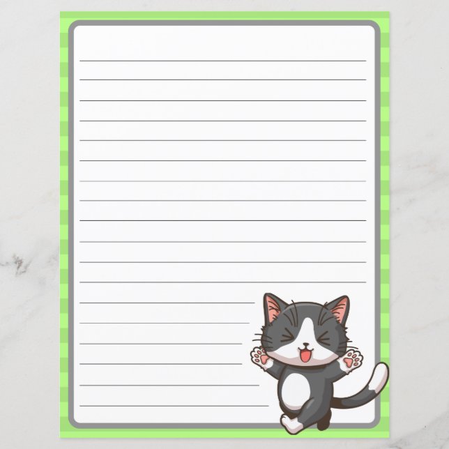 Happy grey cat on lined paper with green boarder, (Front)