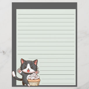 Happy grey cat with cupcake, lined writing paper