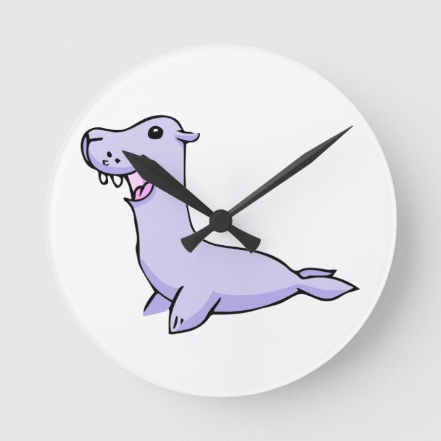 Happy Grey/Grey Cartoon Seal Facing to the Left Round Clock (Front)