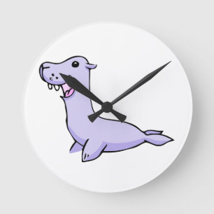 Happy Grey/Grey Cartoon Seal Facing to the Left Round Clock