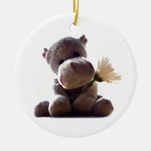 Happy Grey Hippo Holding Daisy, Cute Love Photo Ceramic Ornament