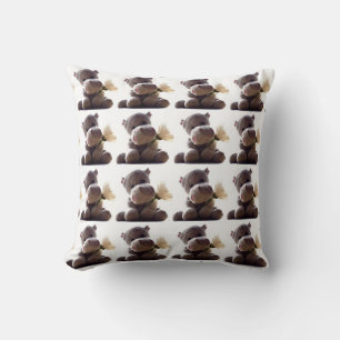 Happy Grey Hippo Holding Daisy, Cute Love Photo Throw Pillow