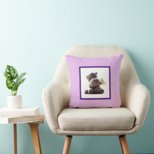 Happy Grey Hippo Holding Daisy, Cute Love Photo Throw Pillow