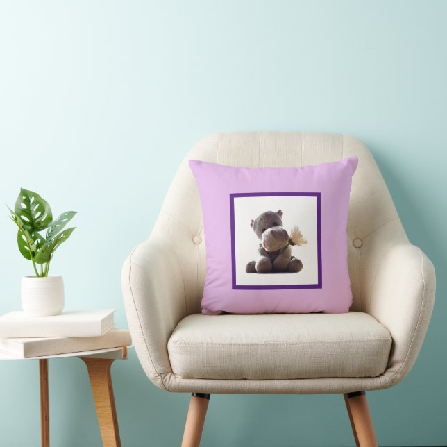 Happy Grey Hippo Holding Daisy, Cute Love Photo Throw Pillow (Chair)