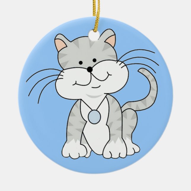 Happy Grey Kitty Ceramic Ornament (Front)