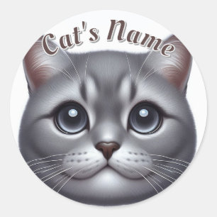 Happy Grey Shorthair Cat • Personalized Classic Round Sticker