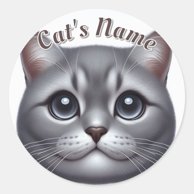 Happy Grey Shorthair Cat • Personalized Classic Round Sticker (Front)