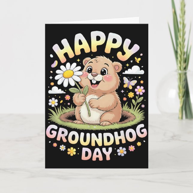 Happy Groundhog Day 2026 Cute Groundhog With Flowe Card (Front)