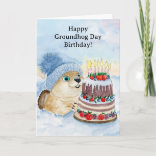 Happy Groundhog Day Birthday Groundhog with Cake Card