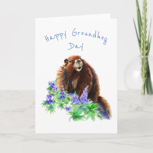 Happy Groundhog Day Cute Spring Animal Watercolor Card (Front)
