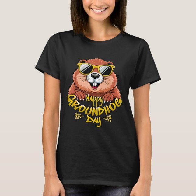 Happy Groundhog Day Funny Groundhog Sungles Cute _ T-Shirt (Front)