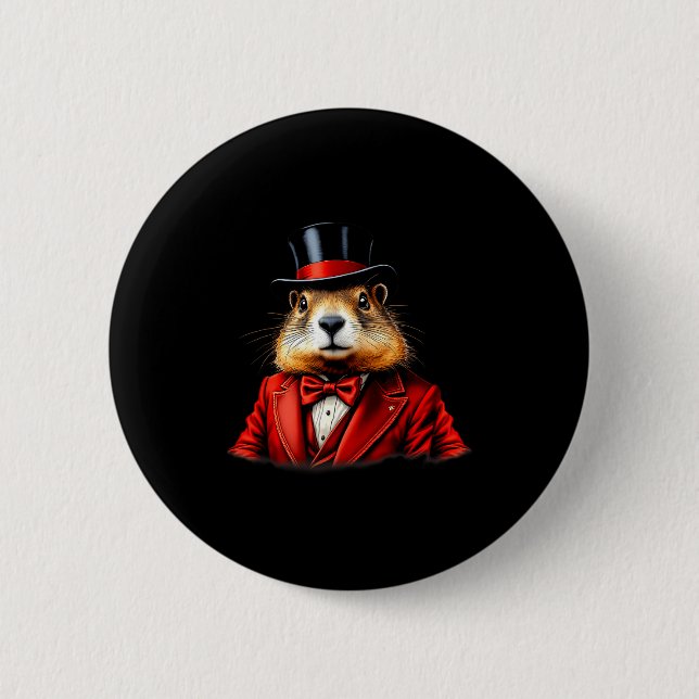Happy Groundhog Day Ground Hog Gentlement Hat Anim 2 Inch Round Button (Front)