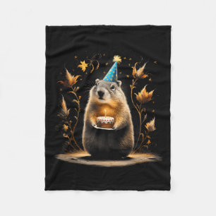 Happy Groundhog Day Ground Hog With Birthday Cake Fleece Blanket