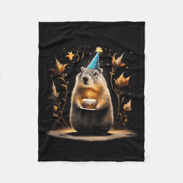 Happy Groundhog Day Ground Hog With Birthday Cake  Fleece Blanket (Front)