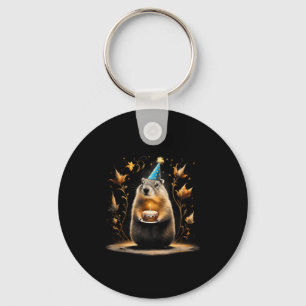 Happy Groundhog Day Ground Hog With Birthday Cake  Keychain