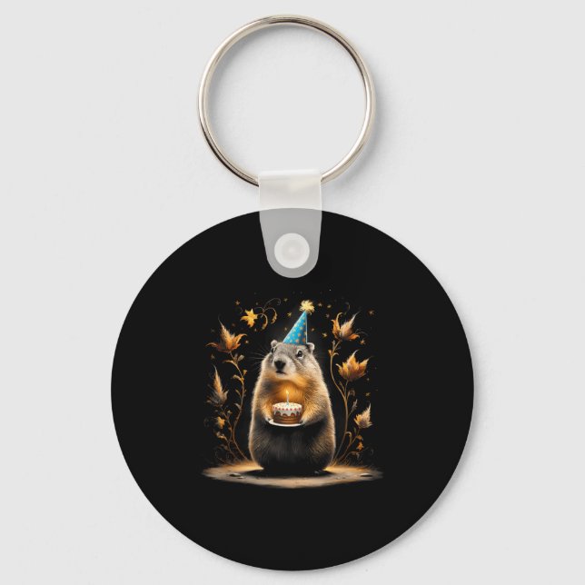 Happy Groundhog Day Ground Hog With Birthday Cake  Keychain (Front)