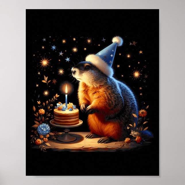 Happy Groundhog Day Ground Hog With Birthday Cake  Poster (Front)