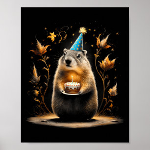 Happy Groundhog Day Ground Hog With Birthday Cake  Poster
