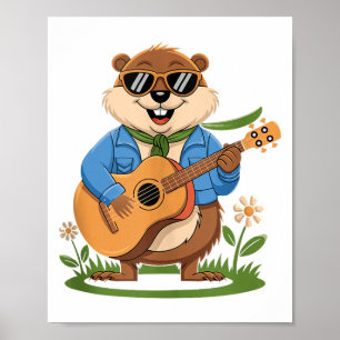 Happy Groundhog Day Playing Guitar Funny Animal Lo Poster