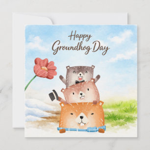Happy Groundhog Day Watercolor Greeting Holiday Card
