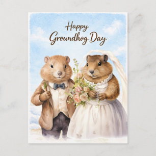 Happy Groundhog Day Watercolor Greeting Holiday Postcard