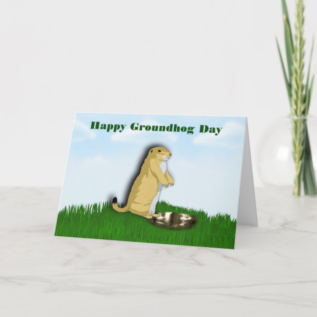 Happy Groundhog Day with groundhog shadow on grass Card (Front)