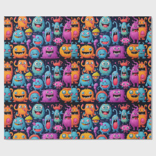 Happy group of colourful monsters on black tiled wrapping paper