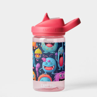 Happy group of colourful monsters on black water bottle
