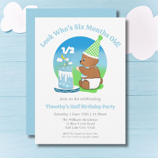 Happy Half Birthday Baby Bear with Cake Party Invitation