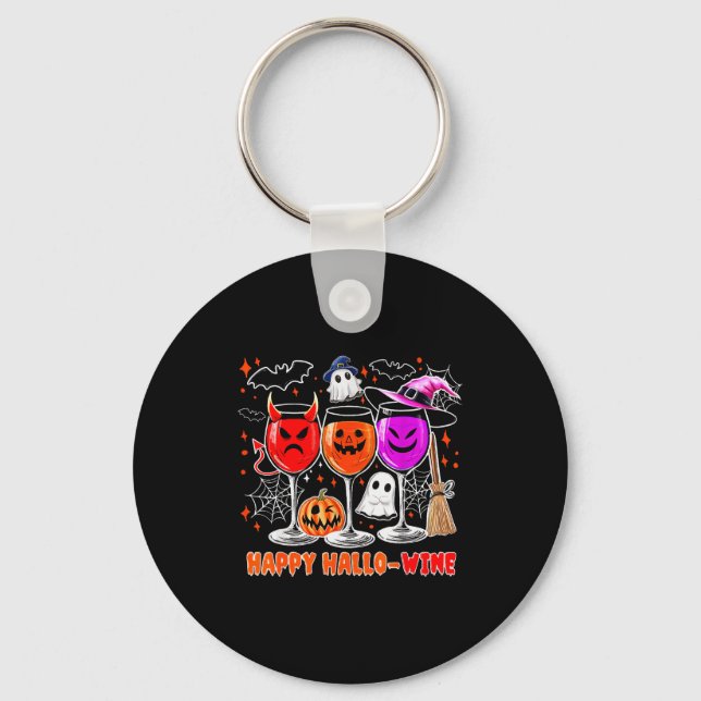 Happy Hallo-wine Funny Halloween Gl Wine Drinking  Keychain (Front)