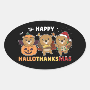 Happy Hallothanksmas Beaver Christmas Beaver Class Oval Sticker