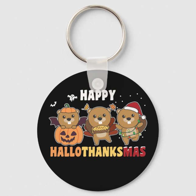 Happy Hallothanksmas Beaver Christmas Beaver Keych Keychain (Front)