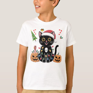 Happy Hallothanksmas Black Cat Halloween pumpkins T-Shirt