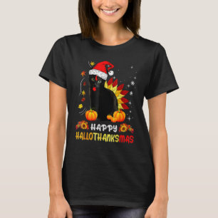 Happy Hallothanksmas  Black Cat Halloween Thanksgi T-Shirt