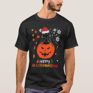 Happy Hallothanksmas Black Cat Lover Pumpkin Santa T-Shirt