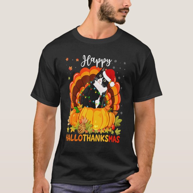 Happy Hallothanksmas Black Cat Pumpkin Santa Hat T T-Shirt (Front)