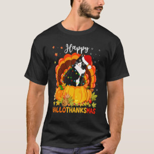 Happy Hallothanksmas Black Cat Pumpkin Santa Hat T T-Shirt