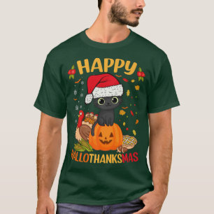 Happy HalloThanksMas Black Cat Santa Hat Holiday S T-Shirt