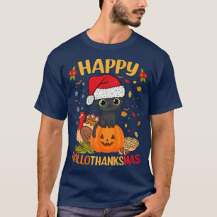 Happy HalloThanksMas Black Cat Santa Hat Holiday S T-Shirt