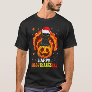 Happy Hallothanksmas Black Cat Santa Pumpkin Turke T-Shirt