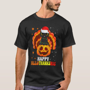 Happy Hallothanksmas Black Cat Santa Pumpkin Turke T-Shirt