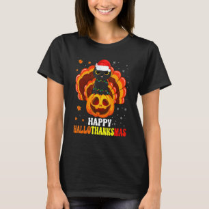 Happy Hallothanksmas Black Cat Santa Pumpkin Turke T-Shirt